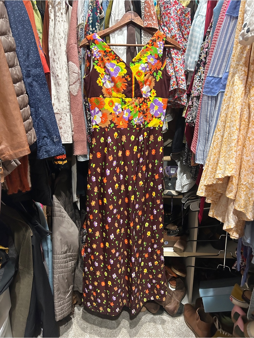Vintage handmade, brown, yellow, purple floral maxi dress medium
